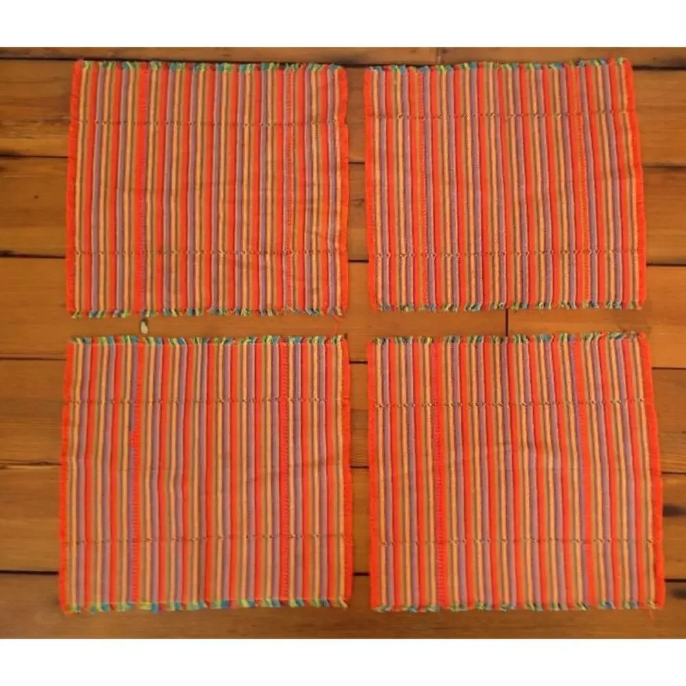 Set of 4 Colorful Woven Rainbow Fringe Cotton Ethnic Table Placemats Settings